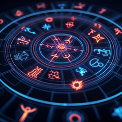Naklejka premium Hologram astrology, glowing zodiac signs, dark theme