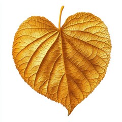 Obraz premium A vibrant golden heart-shaped leaf showcasing intricate details and textures, perfect for autumn-themed designs and natural backgrounds.
