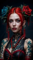 Fototapeta premium Woman's portrait with red hair and flowers on her head..