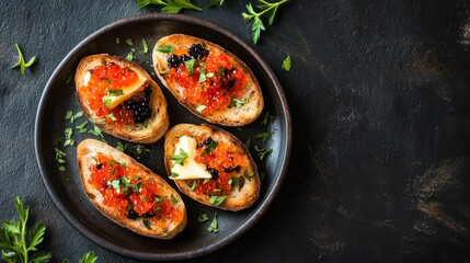 Four pieces of bruschetta are elegantly arranged on a dark plate, generously spread with butter and garnished with red and black caviar, offering a luxurious culinary experience