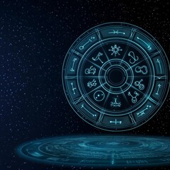 Modern interpretation of zodiac signs as digital holograms in a futuristic celestial setting