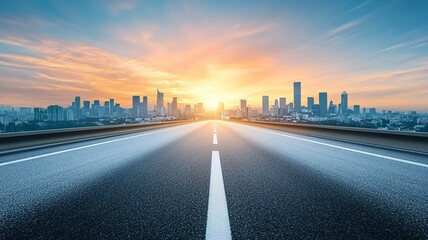 Asphalt highway road and city skyline with modern buildings at sunset. car background. generative ai