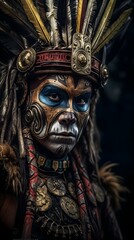 A warrior with painted face wearing a crown with feathers..