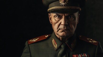 A stern-looking man in military uniform stares directly at the viewer. His face is lined with age, and his expression is serious.