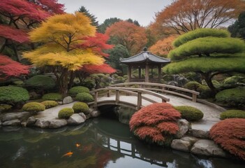 A wooden bridge spans a tranquil pond in a beautiful garden