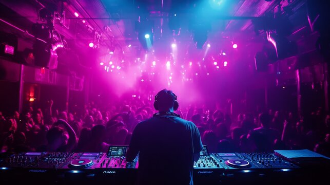 A DJ skillfully mixes tracks at a crowded electronic dance music event, surrounded by colorful lights and an energetic audience dancing and enjoying the music