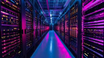 Rows of server racks fill the spacious data center, their blinking lights illuminating the aisles as high-tech equipment operates continuously in a secured environment