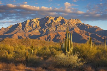 Peak in Tuscon Mountain District is illuminated by the sunset in Tucson Arizona