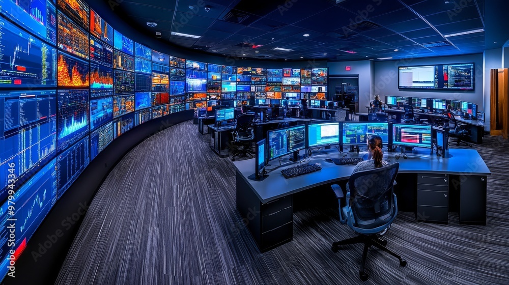 Poster a network operations center filled with large screens displays live data charts and security alerts 
