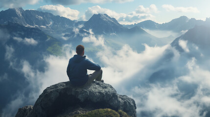 Man sitting alone on a mountain peak His face is partially shadowed, showing deep reflection, surrounded by vast landscapes of mountains and clouds, a mix of solitude and hope in the atmosphere