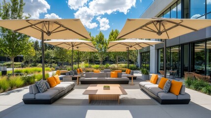 This outdoor meeting space features contemporary couches and tables, complemented by large umbrellas, creating a relaxing atmosphere for gatherings