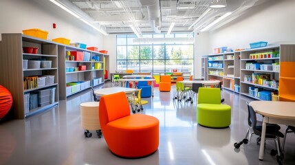 A bright and inviting special education classroom is designed with colorful furniture, flexible seating, and shelves filled with educational resources, promoting an engaging environment