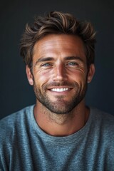 Fototapeta premium A cheerful man shows his bright smile while posing in a gray shirt against a solid dark backdrop