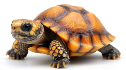Obraz premium This tortoise displays vibrant shell colors and distinct patterns while exploring a smooth, white surface