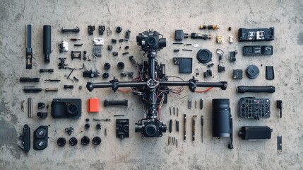 A layout featuring various drone parts meticulously organized on a textured concrete floor, showcasing the intricacies of the equipment and its components