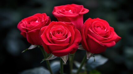 Four beautiful red roses bloom beautifully against a backdrop of rich green leaves