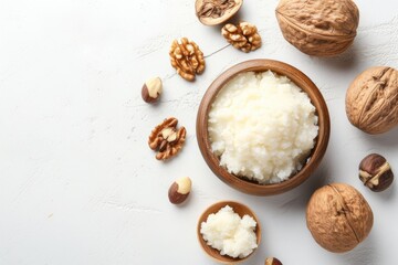 Fototapeta premium shea butter and nuts on a plain backdrop