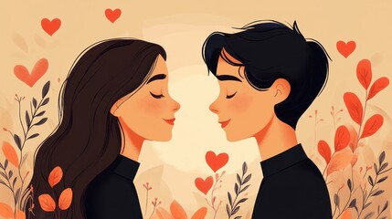 A couple smiles at each other, surrounded by hearts and flowers, creating a romantic and loving atmosphere