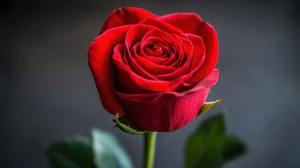 Fototapeta premium A striking red rose blooms beautifully, its petals perfectly arranged and glistening against a dark backdrop