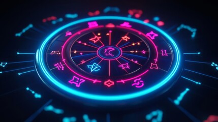 Virtual star signs, neon zodiac wheel, futuristic setting
