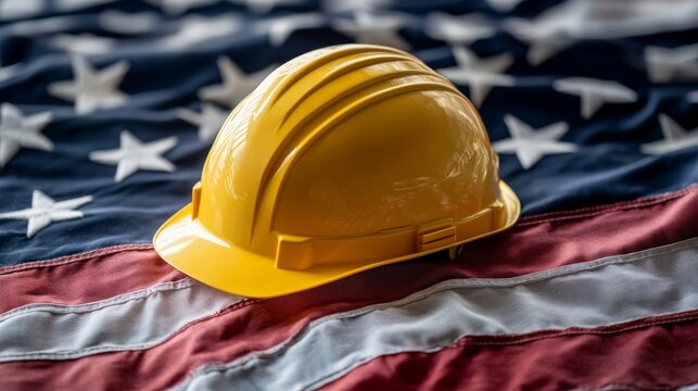 A vibrant yellow work helmet rests on a beautifully draped American flag, symbolizing unity and appreciation for the labor force on Labor Day