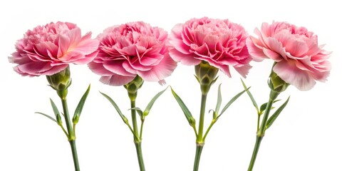 Obraz premium Four Pink Carnations in a Row, White Background, Close-up, Floral Photography, Carnation, Flower, Pink