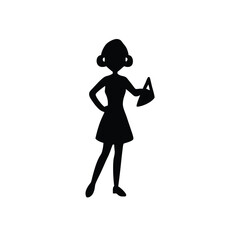 a standing girl holding a iron in his hand, black color silhouette vector art, isolated white background