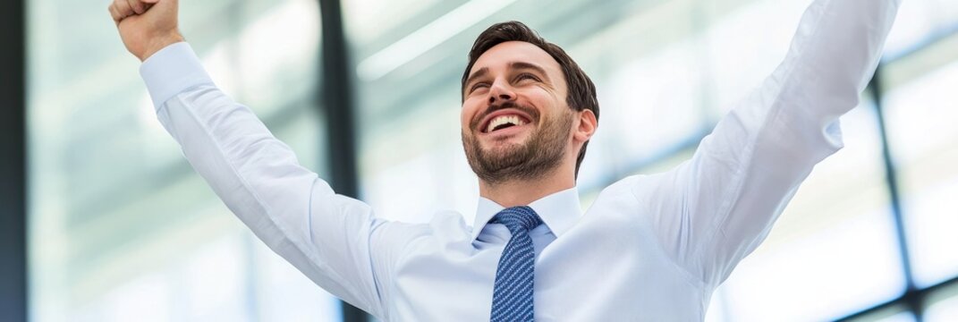 A man in formal attire joyfully celebrates a significant accomplishment in a bright workplace