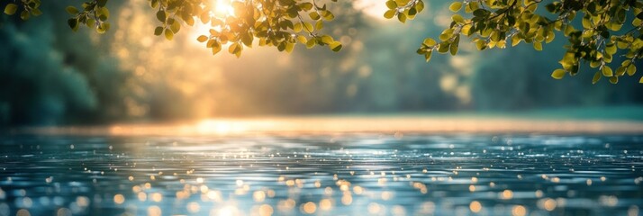 Morning light glistens on a tranquil lake as raindrops create ripples, surrounded by lush green foliage
