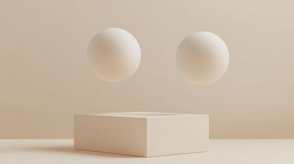 Minimalistic Abstract Art Featuring Floating Spheres Above a Cubic Platform