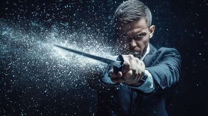 Focused Man in Suit Holding Sword Surrounded by Dynamic Particle Burst in Dark Atmosphere