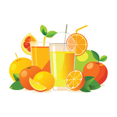 citrus fruits and glasses of cold fresh juice, vector art illustration, isolated white background, 