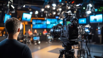 A guest speaker addresses the audience while being filmed by professional cameras in a busy television studio, highlighting the live broadcasting process and equipment