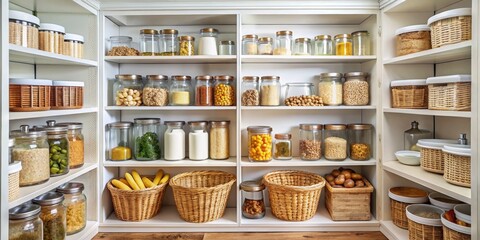 Organized Pantry with Glass Jars and Wicker Baskets, Kitchen Storage, Food Organization, Pantry Design, Storage Solutions, Jars, Wicker