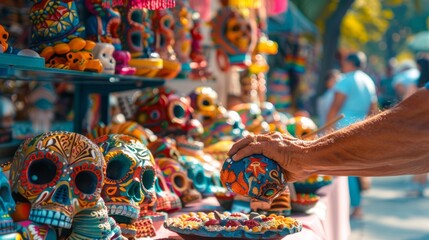 Colorful mexican market stall displaying vibrant handcrafted skulls and traditional art