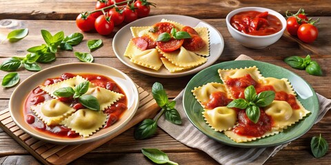 Ravioli with Tomato Sauce and Basil on Wooden Table, Ravioli, Pasta, Italian Cuisine