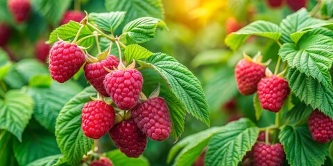 Ripe Red Raspberries on a Branch with Lush Green Leaves, Macro Photography, Summer Fruit, Raspberry Bush, Fruit Picking , raspberry, macro
