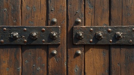Close-up of a medieval-style wooden door with metal hinges attached. Aged and sturdy wooden door.