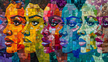 Vibrant, multi-colored portraits of diverse women symbolize strength, unity, and empowerment.