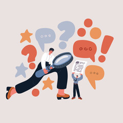 Cartoon vector illustration of a woman examining a candidate through a magnifying glass, concept of scrutiny and evaluation