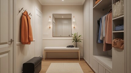 Modern Entryway with Bench, Coat Hooks, Large Mirror and Closet Organizers in a Neutral Toned Hallway