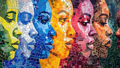 Vibrant, multi-colored portraits of diverse women symbolize strength, unity, and empowerment.