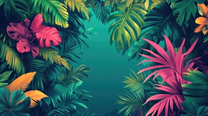 Vibrant Tropical Leaves Border with Lush Green Foliage and Colorful Exotic Plants