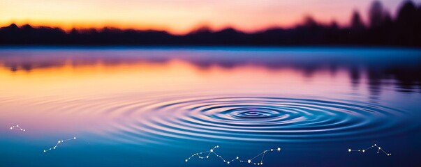 Zodiac constellations appearing as cosmic ripples over a quiet lake at dusk