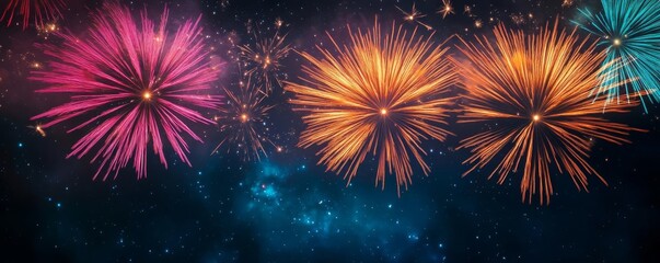 Zodiac constellations as fireworks in a dark sky, creating a cosmic celebration