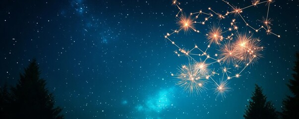 Zodiac constellations as fireworks in a dark sky, creating a cosmic celebration