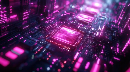 Futuristic Computer Circuit Board with Glowing Pink Lights in a High-Tech Environment