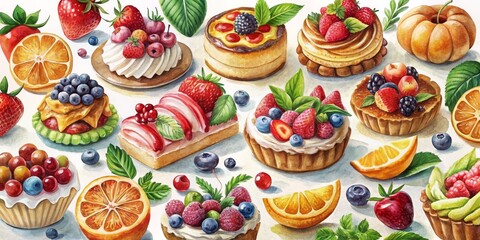 Watercolor Painting of a Delightful Arrangement of Fruit and Pastry,watercolor,fruit tart,pastry,food,still life