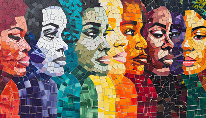 Vibrant, multi-colored portraits of diverse women symbolize strength, unity, and empowerment.