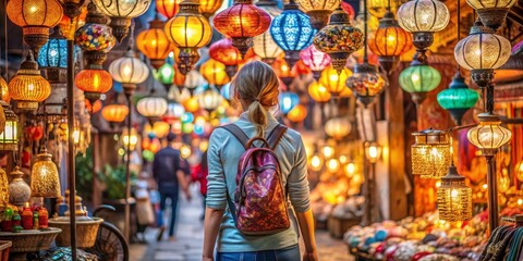 Obraz premium Woman Admires Colorful Lanterns in Turkish Market, Back View, Lantern Detail, Travel, Culture, Turkey